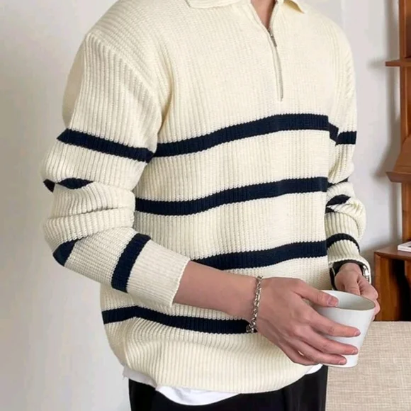 Men Striped Pattern Polo Neck Fall Sweater Without Tee - Picture 5 of 7